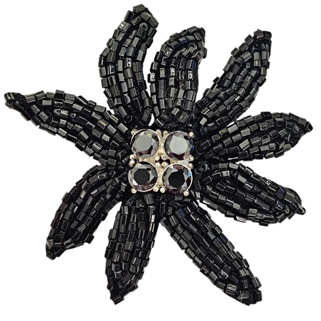 Kenneth Cole Black Glass Tube Seed Bead Rhinestone Flower Brooch Signed L825 53$